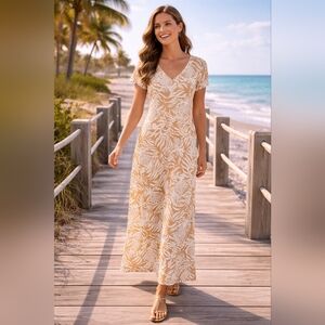 Lilly Pulitzer Etta Maxi Dress Tropical Print V-Neck Short Sleeve Size L Cotton